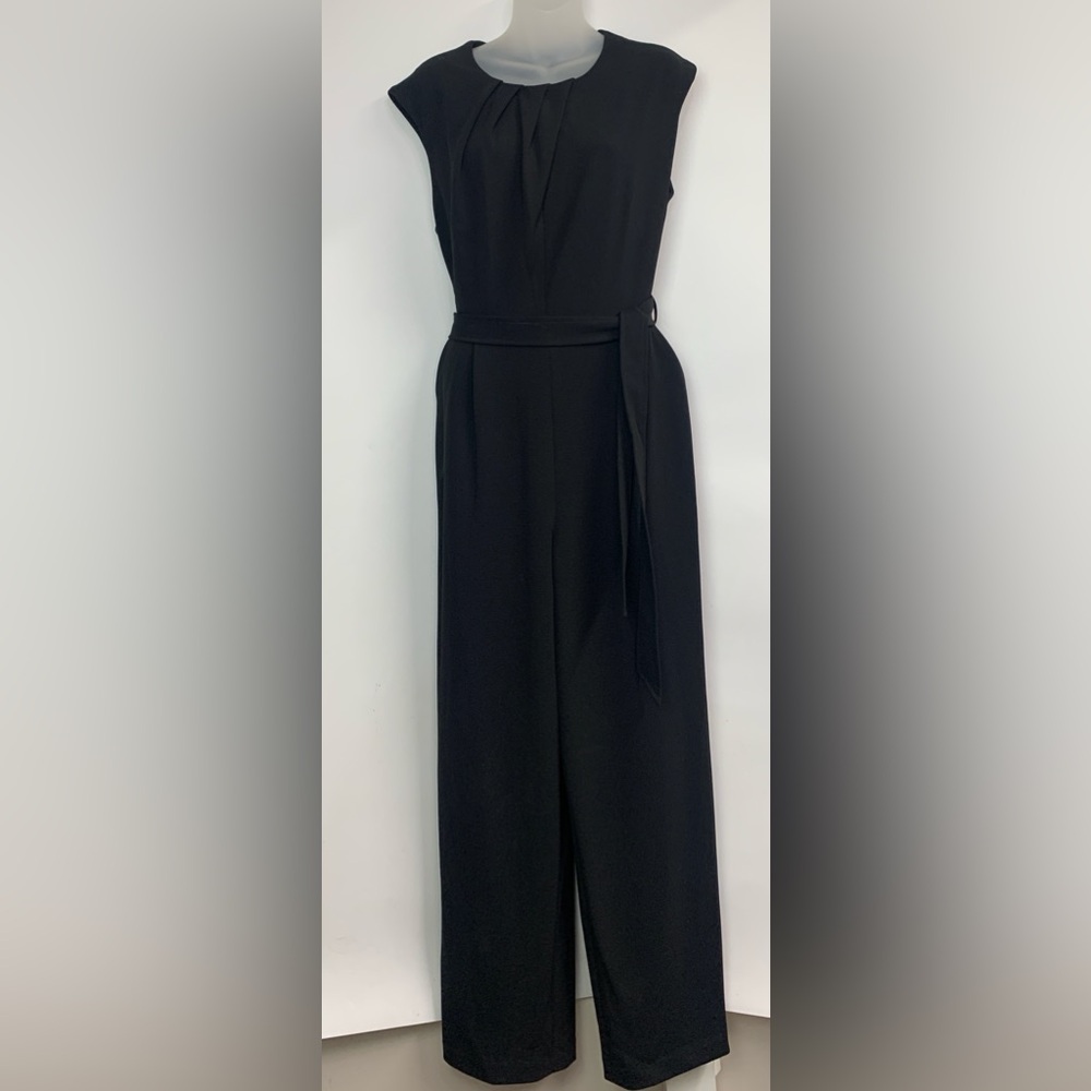 Calvin Klein Black Sleeveless Wide-Leg Jumpsuit with Waist Tie Size 12